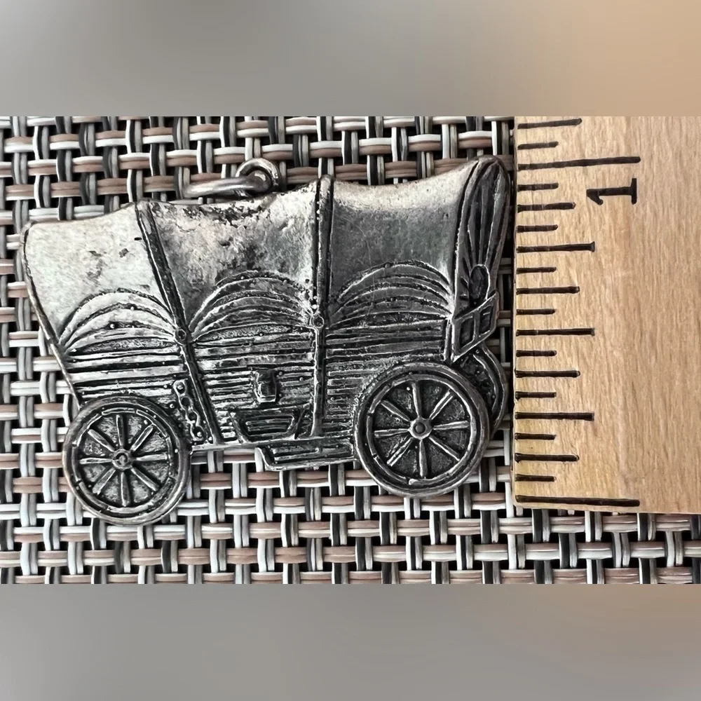 VINTAGE 80s Sterling Silver Wagon Pendant  1” x 1.5”  Stamped STERLING Western